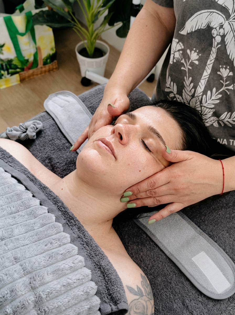 Massagem facial com movimentos junto às têmporas