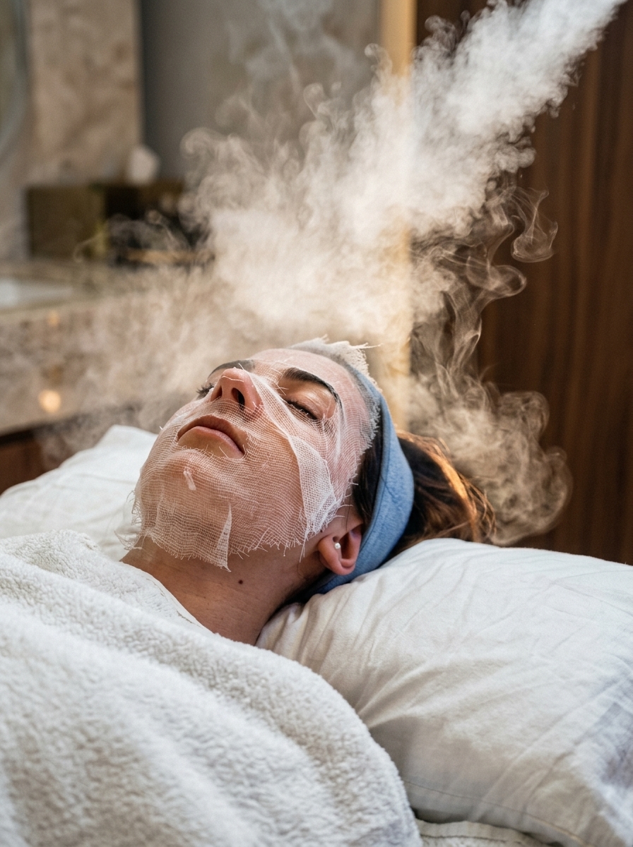 Aplicação de vapor durante uma sessão de cuidado facial