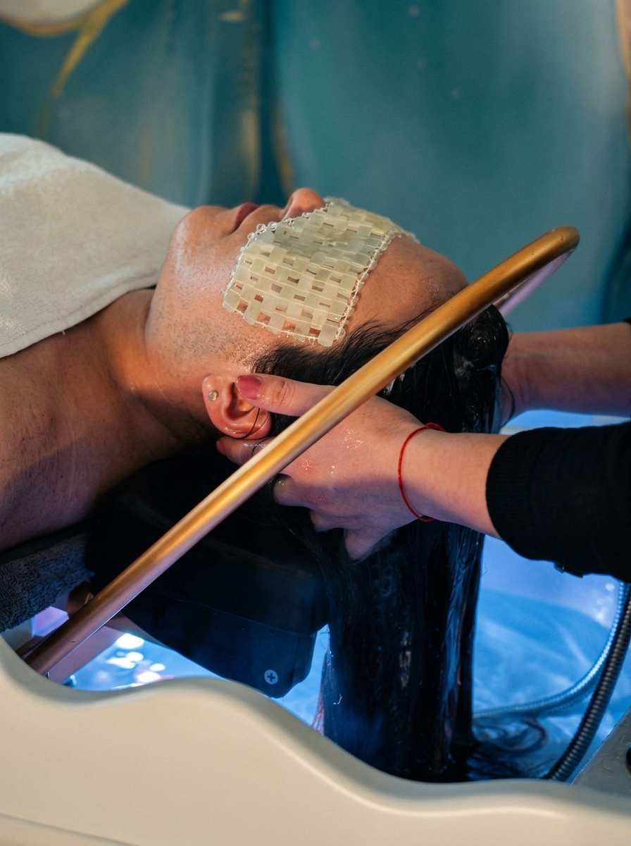 Momento de relaxamento com água no Head Spa